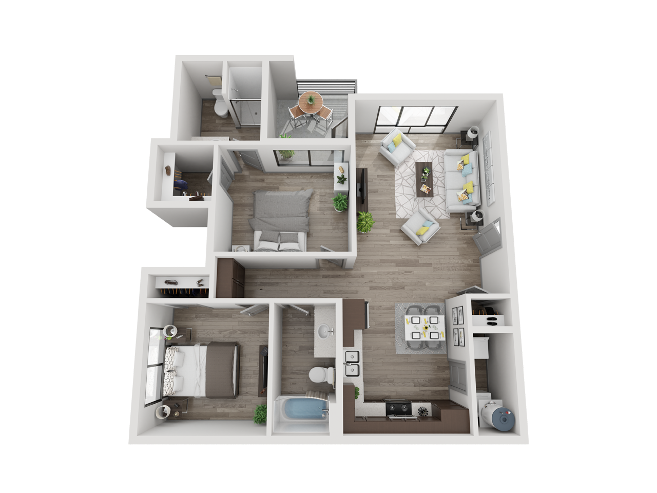 Floor plan for 2 beds, 2 baths, 1042 sqft